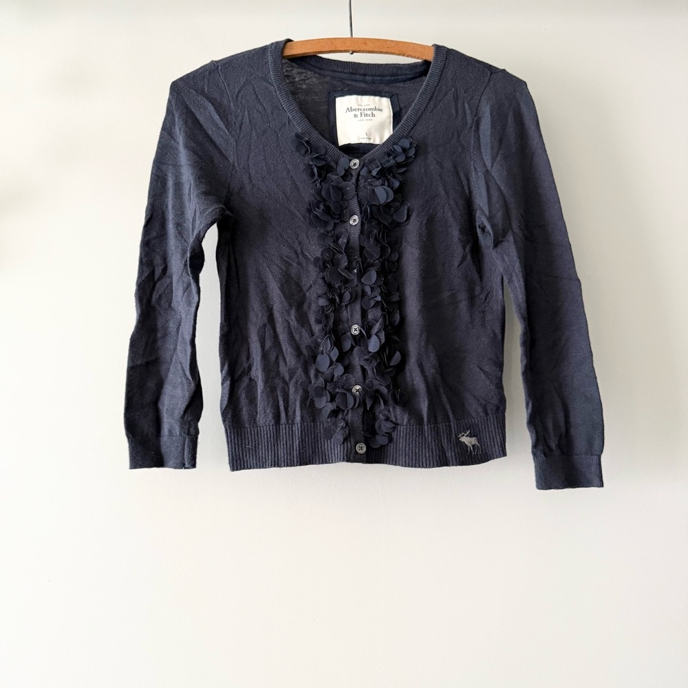 A&F Y2K Navy Ruffled‎ 3/4 Sleeve Cardigan